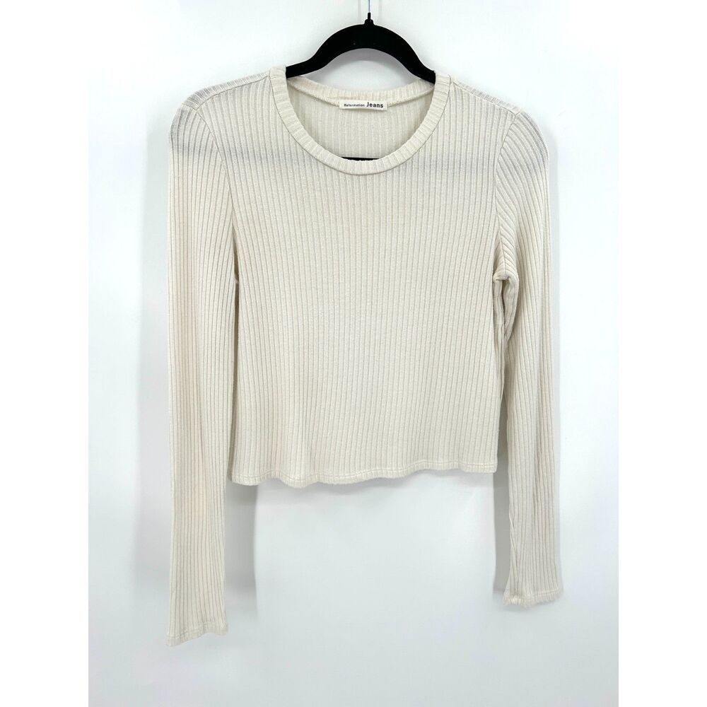REFORMATION JEANS Ribbed Long Sleeve Crop Crew Top Oatmeal White Size Medium